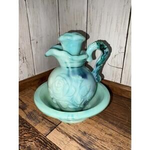 Vintage Avon “Victoriana” Jadeite Slag Glass Pitcher & Bowl Set 1970s Blue Green